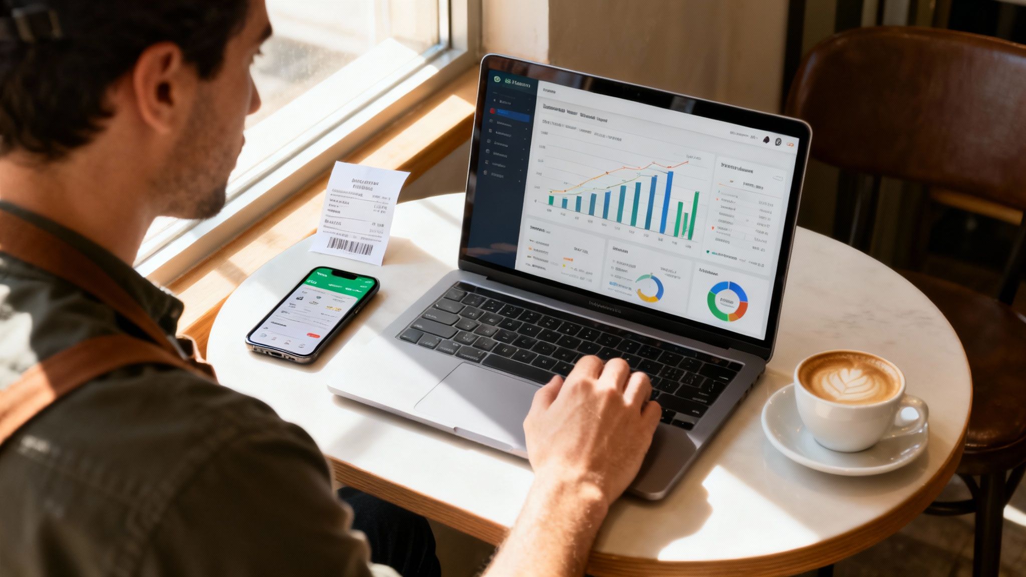Man in cafe using laptop and smartphone to manage business finances with charts and data.