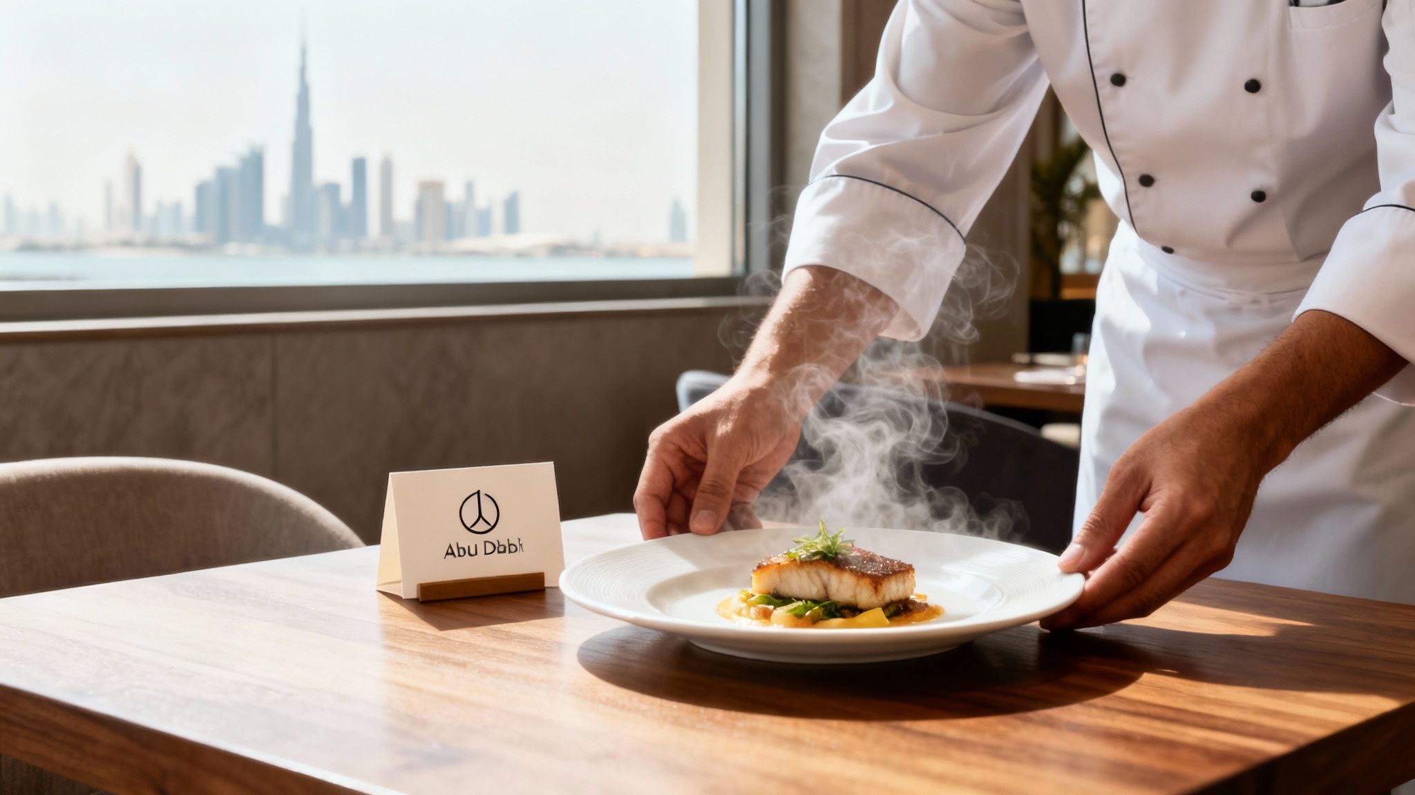 Chef serving a steaming dish of food at a restaurant with Abu Dhabi skyline view.