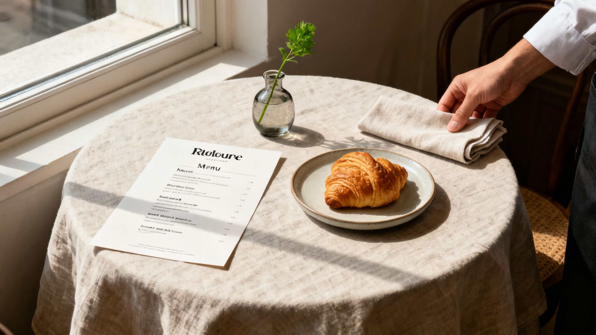 A cafe table setting with a menu, croissant, and a hand placing a folded linen napkin.