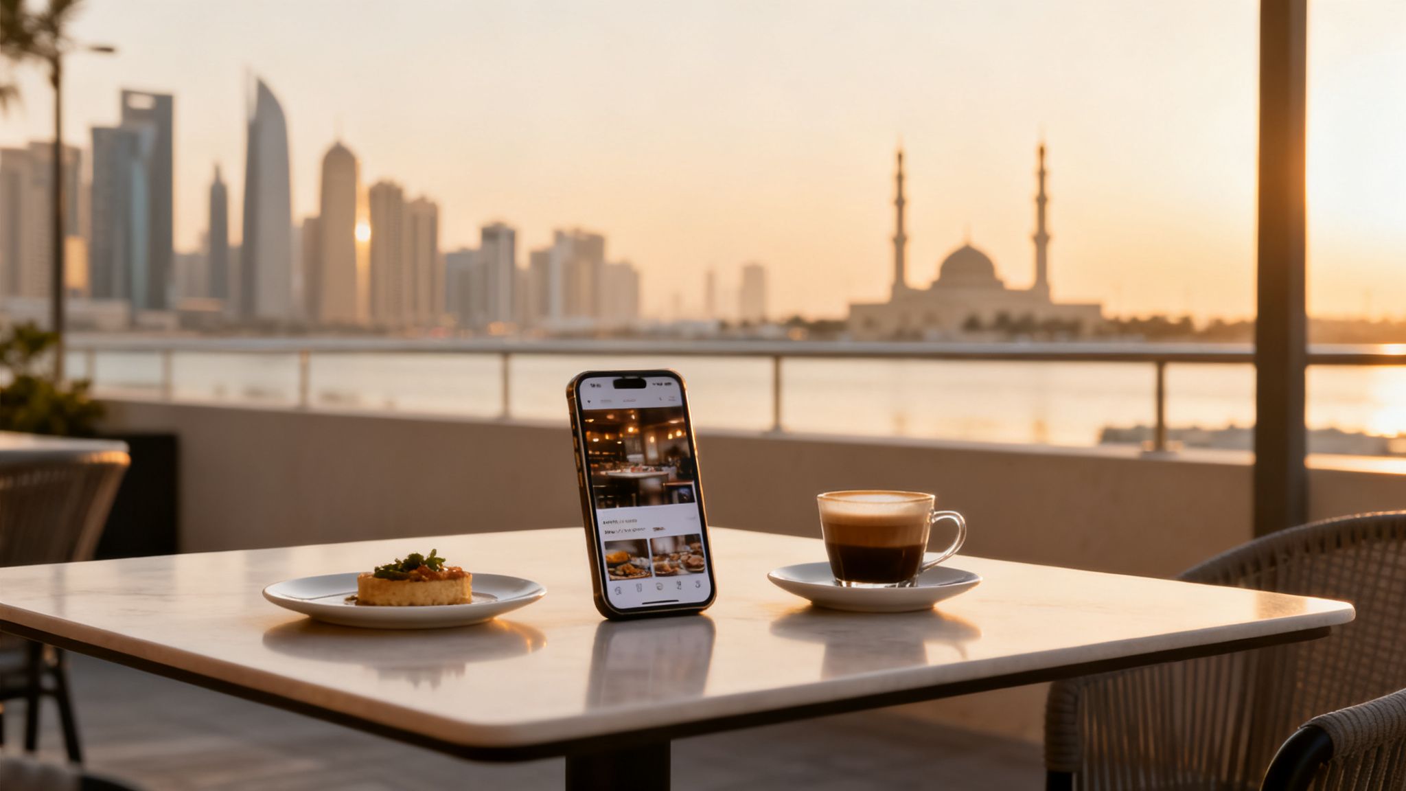 A smartphone, coffee, and dessert on a table with a stunning sunset cityscape and mosque view.