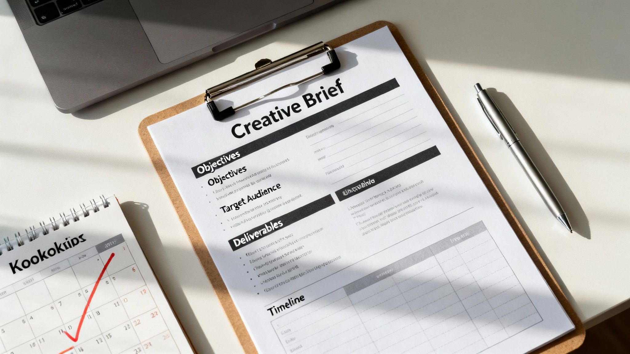 Top-down view of a modern workspace featuring a 'Creative Brief' document, laptop, pen, and calendar.