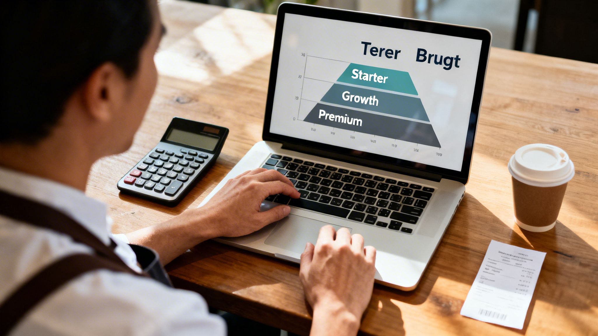 A person works on a laptop showing a marketing funnel with 'Starter', 'Growth', 'Premium' tiers, next to a calculator and coffee.