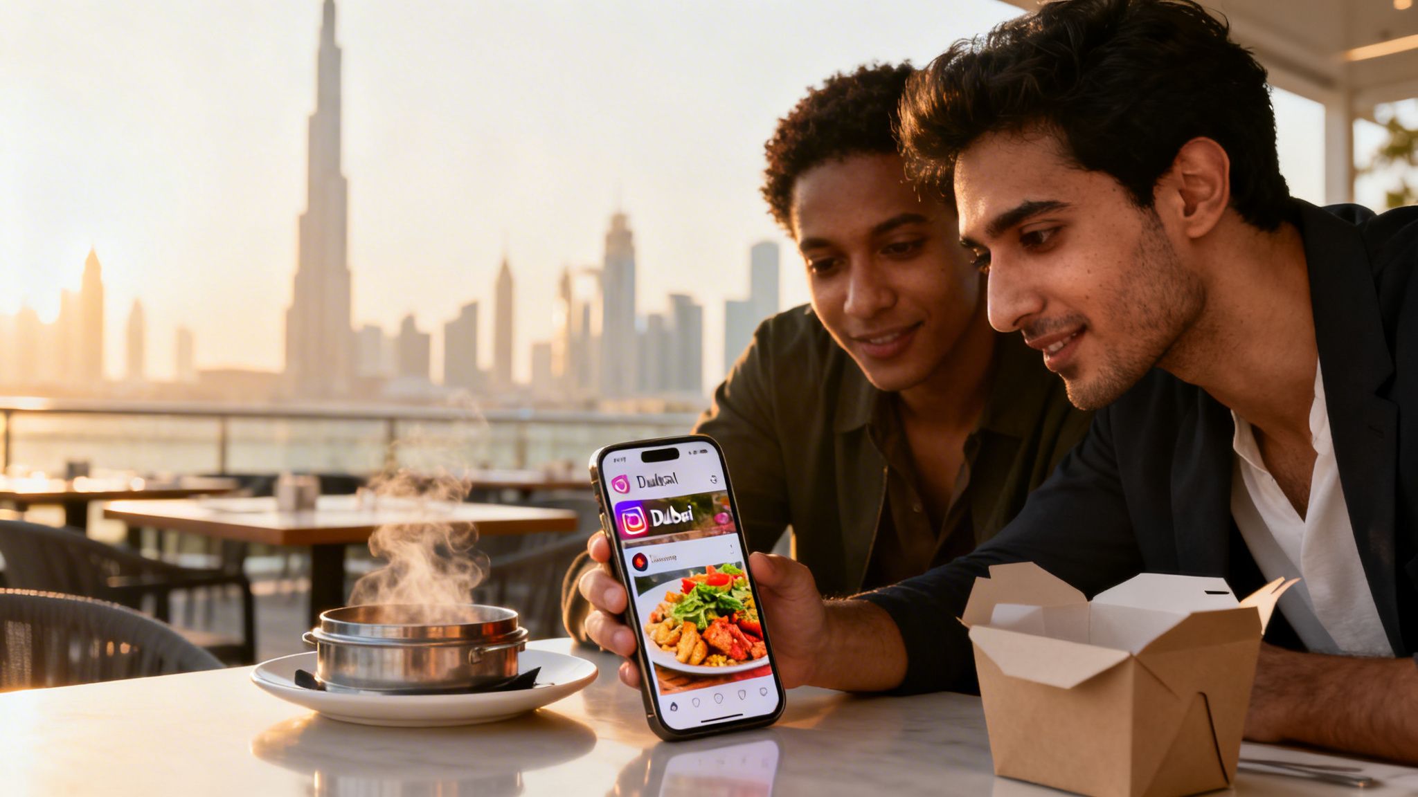 Two men enjoy an outdoor meal with Dubai skyline, viewing social media food content on a phone.