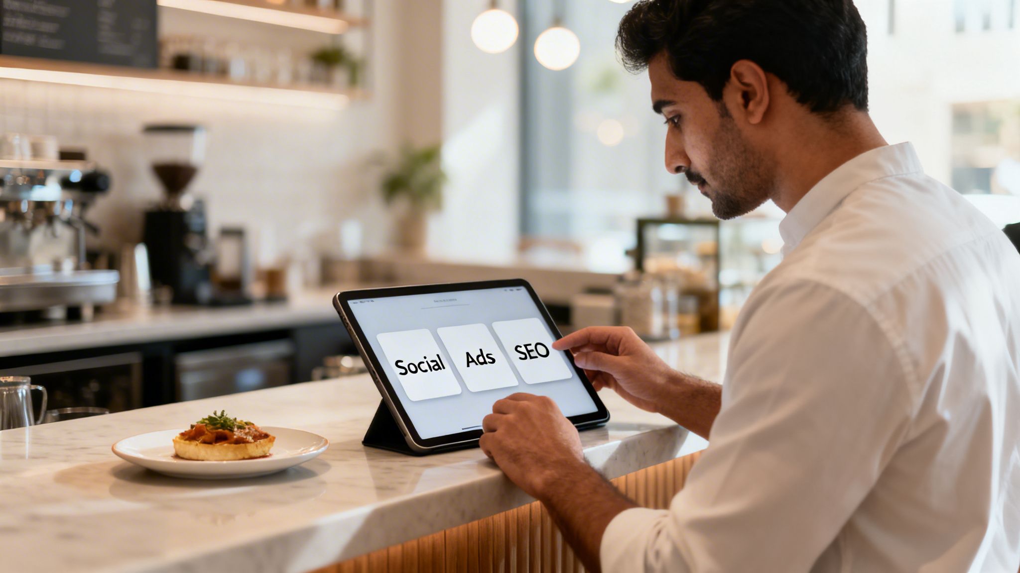 A man in a cafe uses a tablet to select digital marketing options like Social, Ads, and SEO.