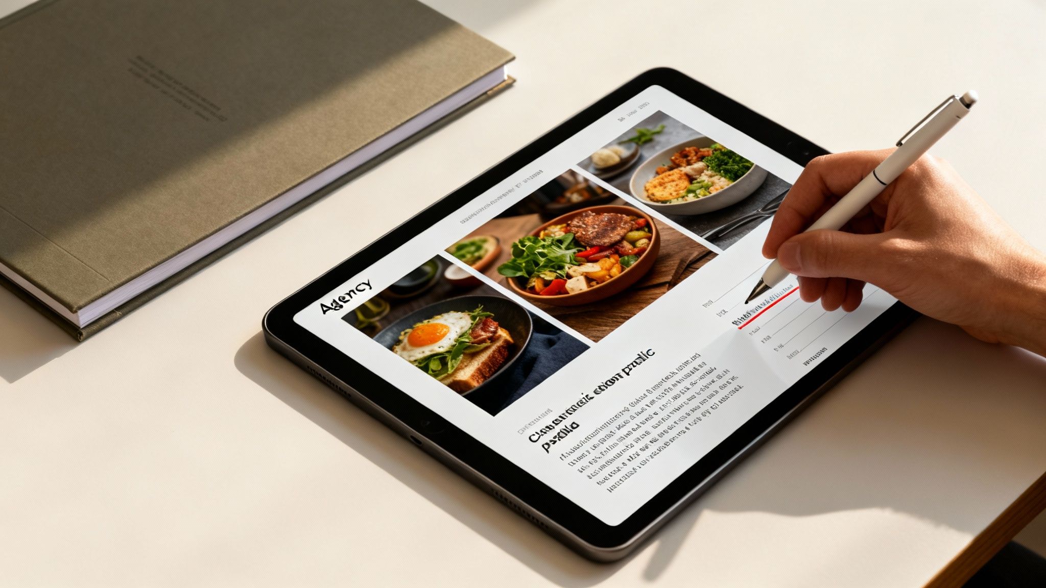 A hand uses a stylus on a tablet displaying food images and content, next to a notebook.