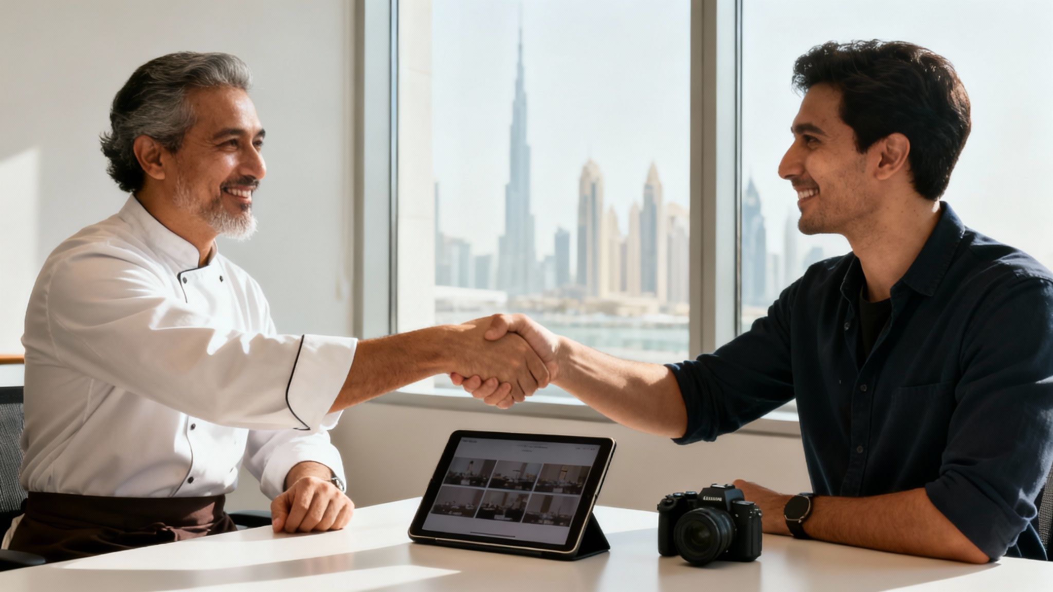 Two men, a chef and a businessman, shake hands across a table with a Dubai cityscape view.