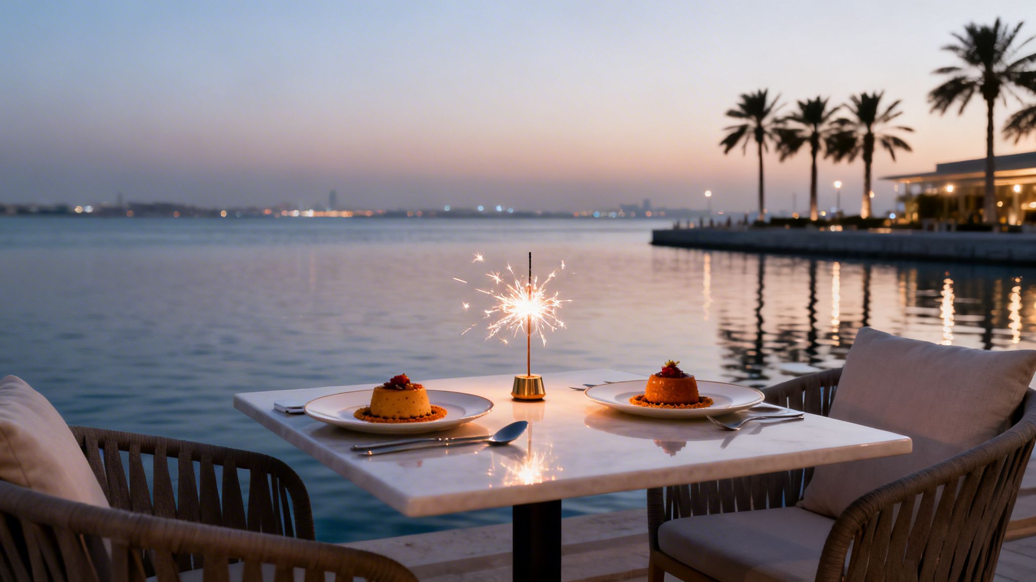 Elegant outdoor dining with an illuminated sparkler, two desserts, and city lights reflecting on water.