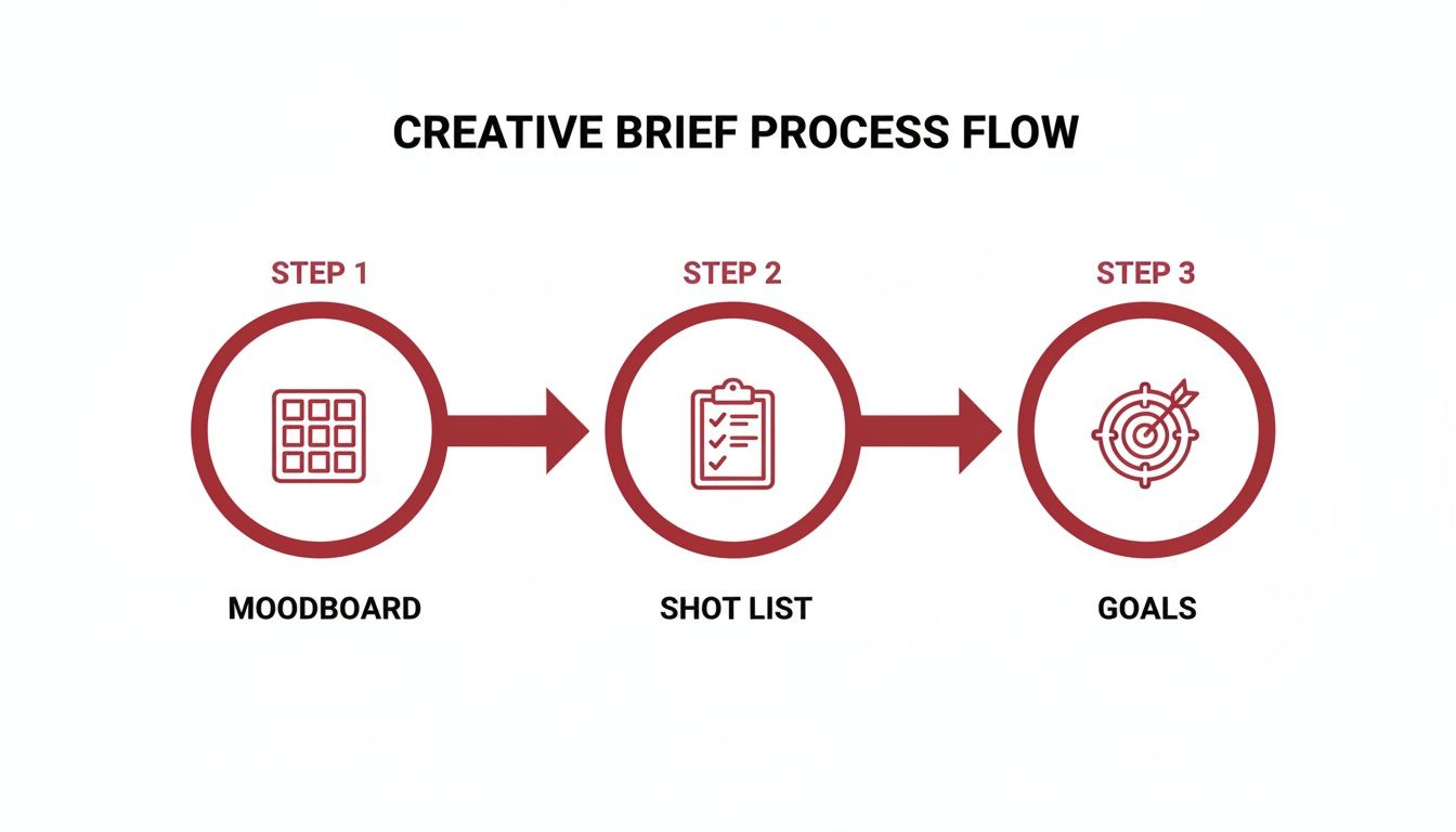 A creative brief process flow diagram showing three steps: Moodboard, Shot List, and Goals, connected by arrows.