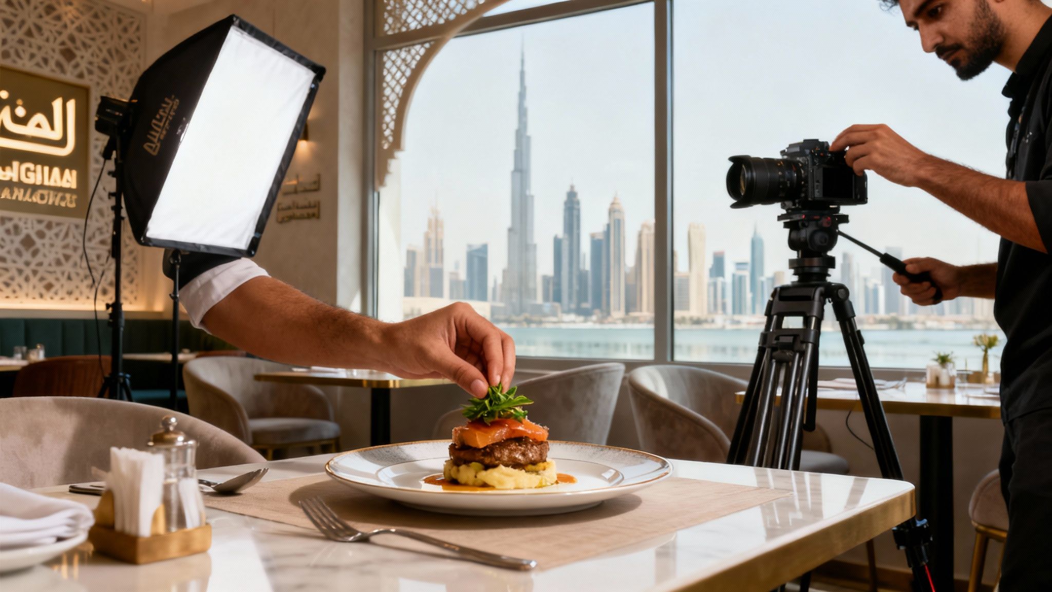 A food stylist prepares a dish while a photographer sets up a shot in a Dubai restaurant with city views.