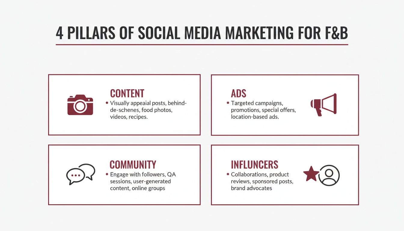 An infographic detailing the four pillars of social media marketing for Food & Beverage, including content, ads, community, and influencers.