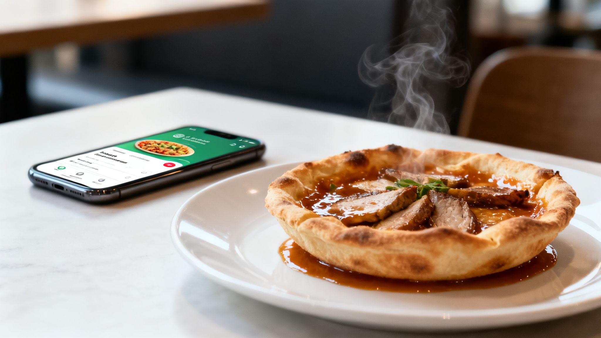 A smartphone displaying a food delivery app next to a steaming meat dish on a white plate.