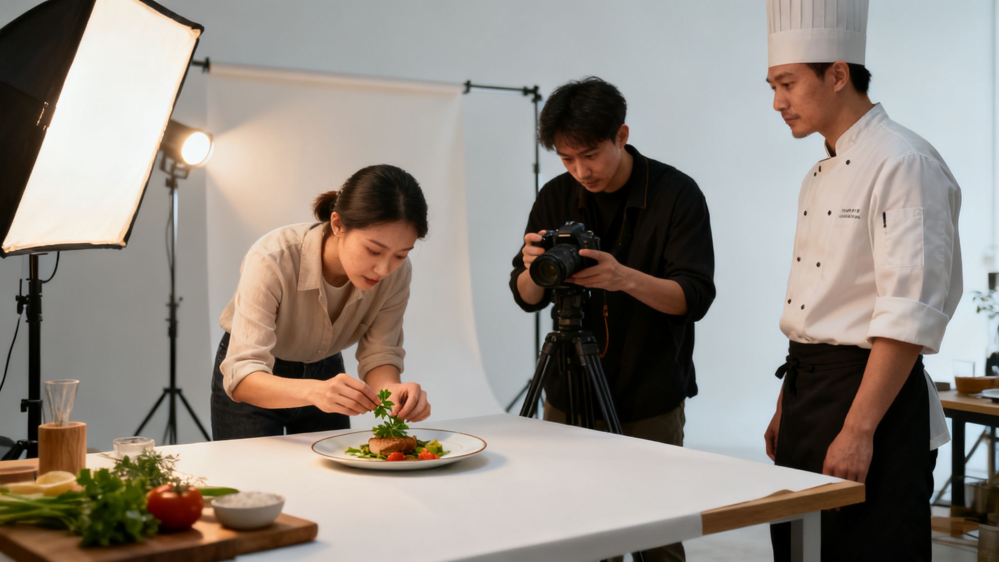 A woman garnishes a dish for a food photoshoot, with a photographer and chef observing.