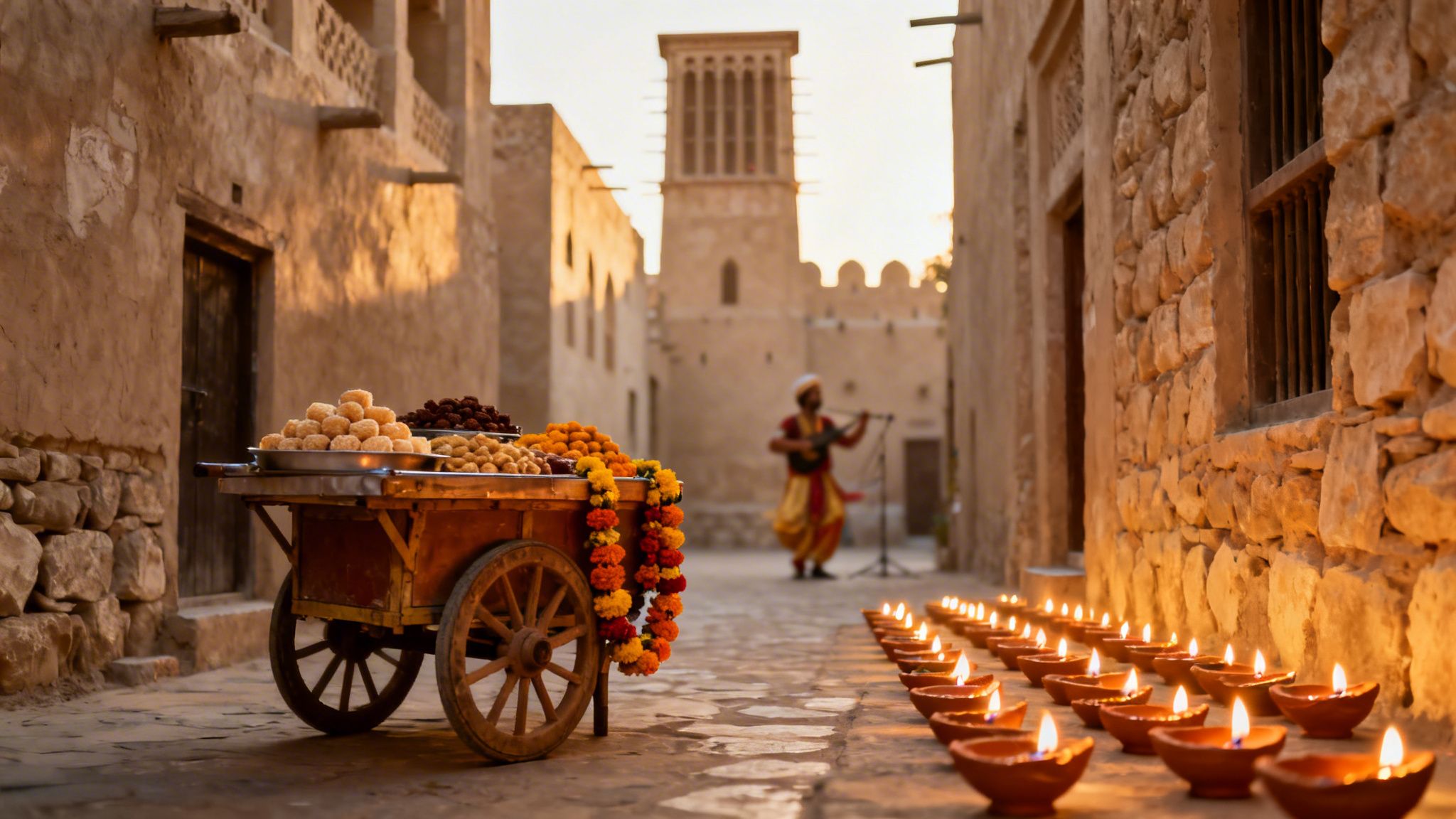 Festive street in Dubai with a sweet cart, flower garlands, lit diyas, and a musician.