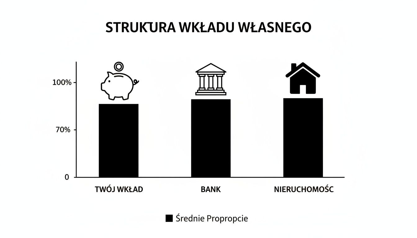 Wykres słupkowy prezentujący strukturę wkładu własnego, pokazujący proporcje Twojego wkładu, banku i nieruchomości.