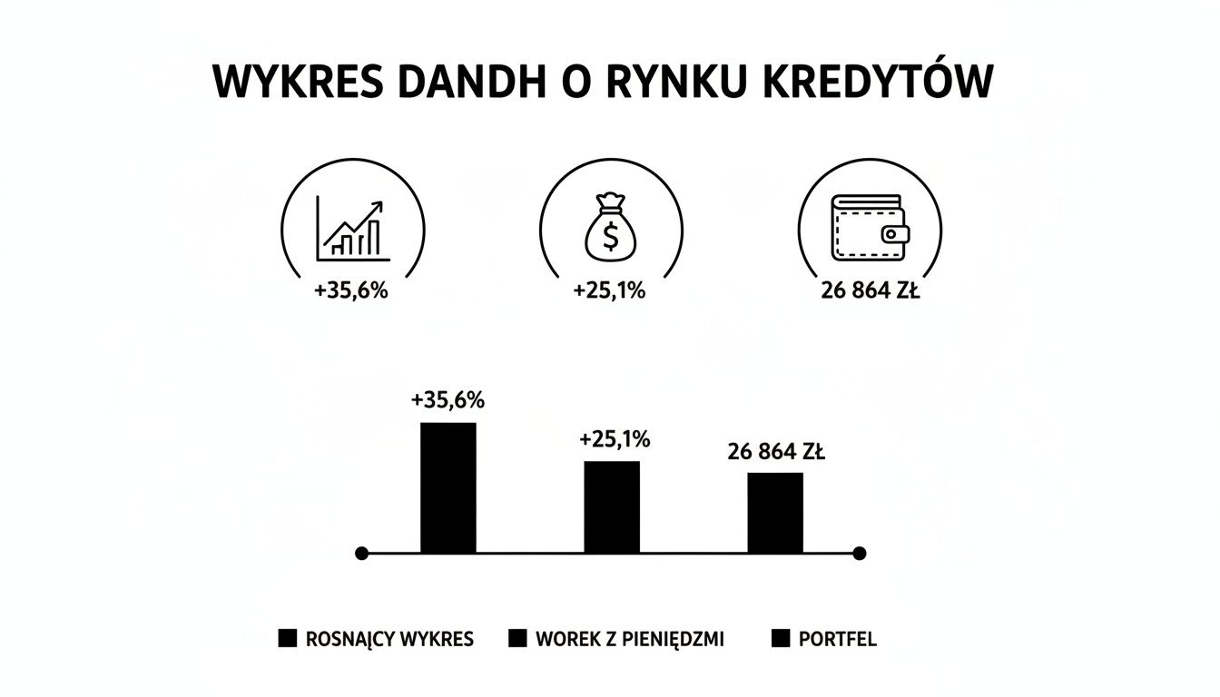 Wykres przedstawiający dane o rynku kredytów, w tym wzrosty procentowe i wartość wyrażoną w złotych, z legendą.