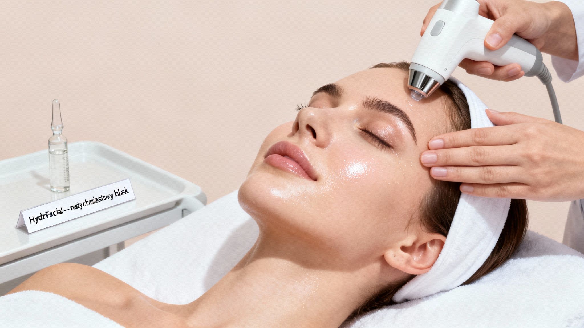 Kobieta otrzymuje profesjonalny zabieg na twarz Hydrafacial. Jej skóra jest nawilżona i promienna, z widocznym natychmiastowym blaskiem.