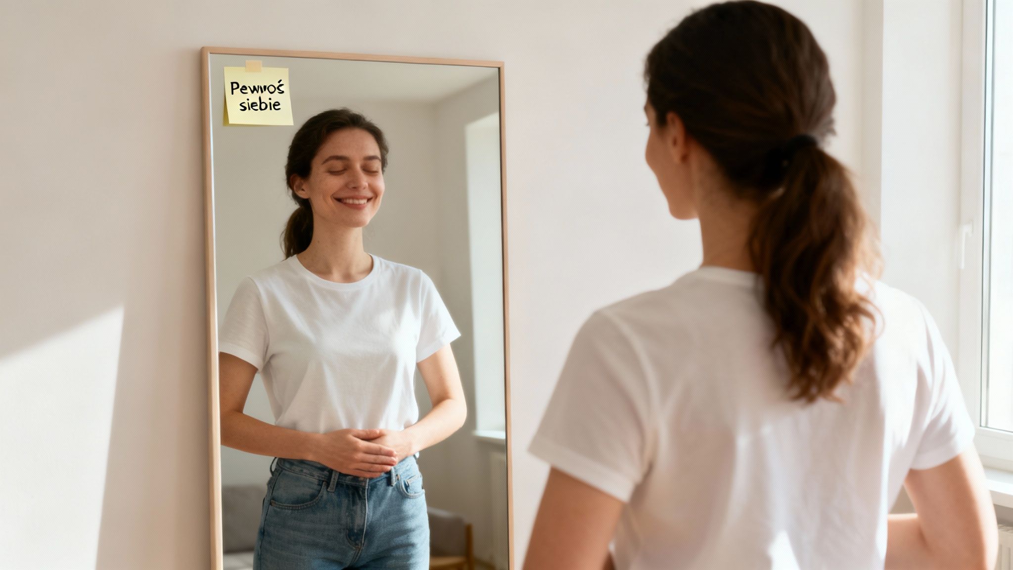 Młoda kobieta uśmiecha się do swojego odbicia w lustrze, na którym widnieje karteczka z napisem 'Pewność siebie'.