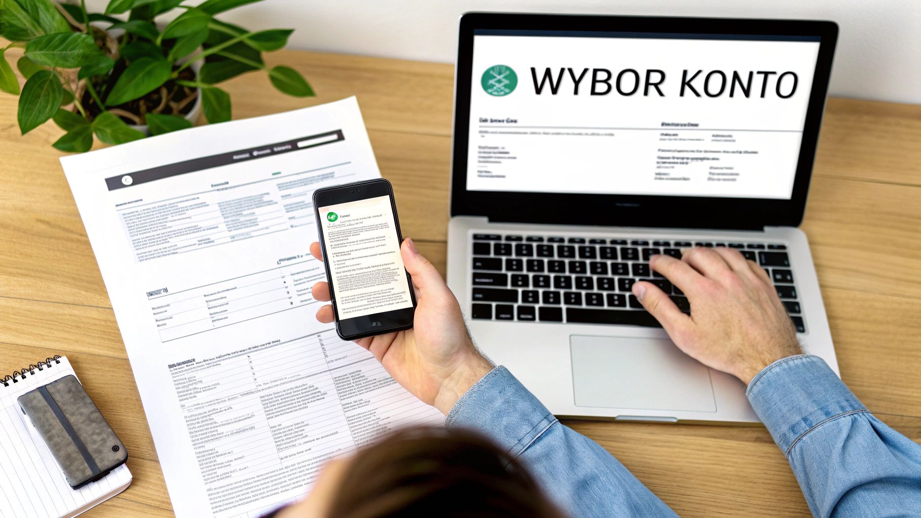 Osoba porównuje oferty bankowe na laptopie i smartfonie, obok leżą dokumenty i notatnik.