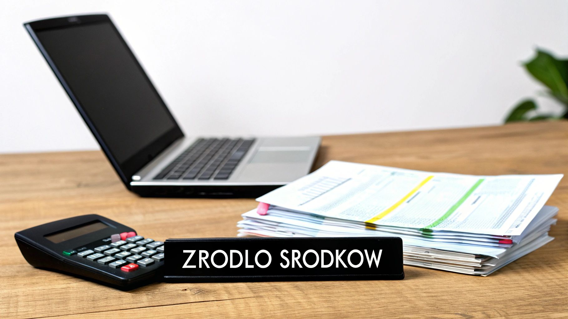 Biurko z laptopem, kalkulatorem, dokumentami i tabliczką 'ŹRÓDŁO ŚRODKÓW', symbolizujące finanse i księgowość.