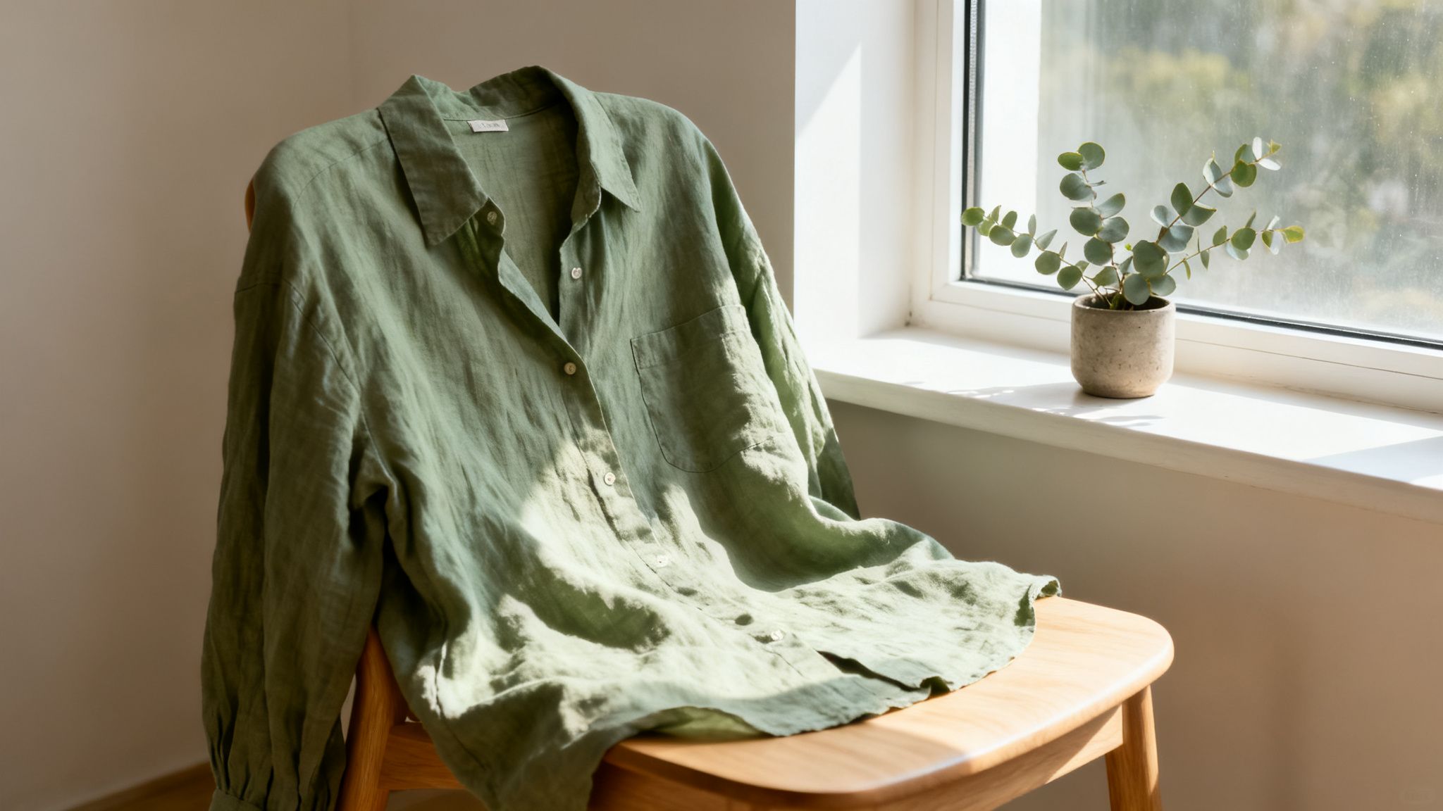 Oliwkowa lniana koszula w promieniach słońca, leżąca na drewnianym krześle przy oknie z rośliną.