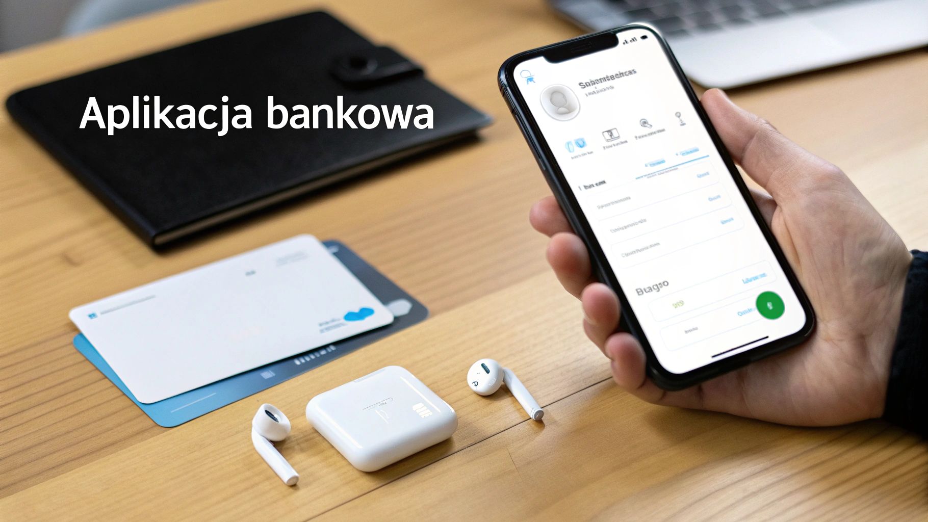 Osoba korzystająca z aplikacji bankowej na smartfonie, na stole leżą słuchawki, karty bankowe i notatnik.
