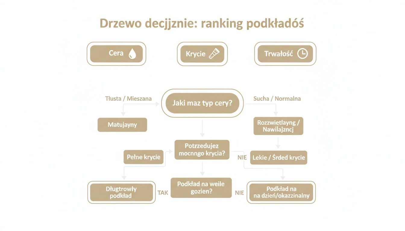 Drzewo decyzyjne rankingujące podkłady, pomagające wybrać idealny produkt według typu cery, potrzebnego krycia i trwałości.