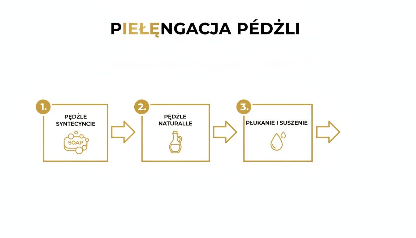 Schemat przedstawiający trzystopniowy proces pielęgnacji pędzli do makijażu: syntetycznych mydłem, naturalnych olejkiem, a następnie płukanie i suszenie.