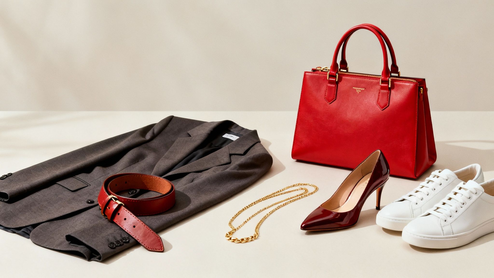 Ubrania i akcesoria: brązowa marynarka, czerwony pasek, złoty naszyjnik, czerwona torebka, czerwona szpilka i białe sneakersy.