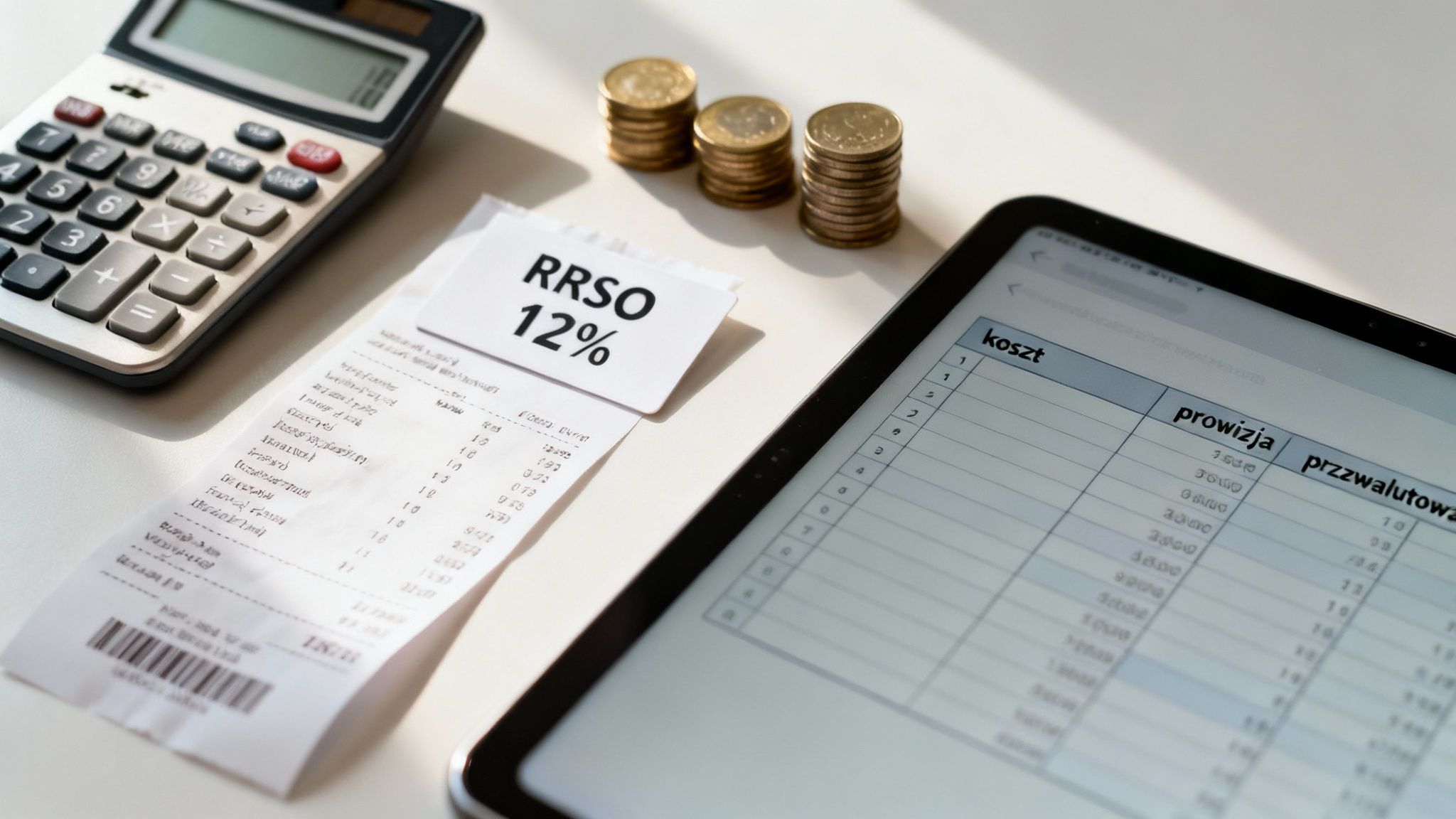 Stół z kalkulatorem, paragonem, monetami i tabletem z arkuszem kalkulacyjnym, symbolizujący finanse i rozliczenia.