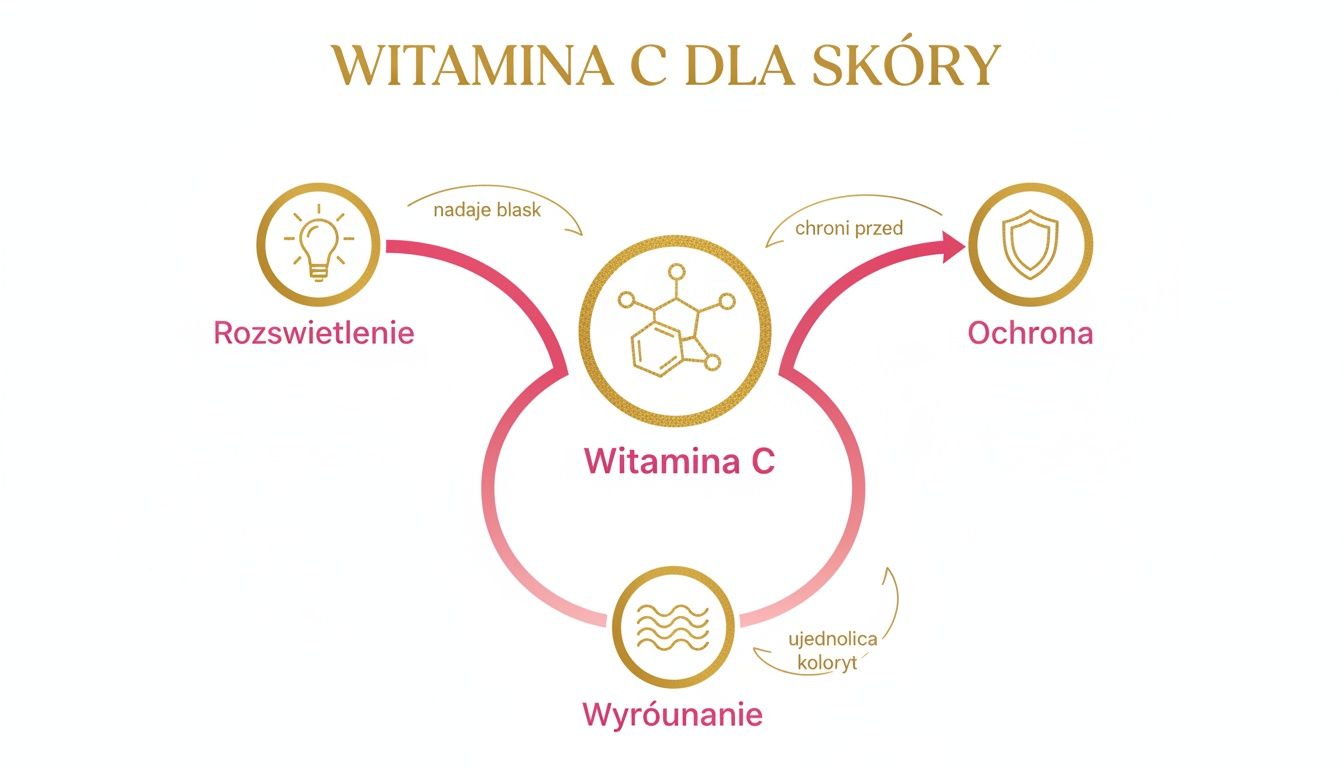 Diagram przedstawiający korzyści witaminy C dla skóry: rozświetlenie, ochrona i wyrównanie kolorytu.