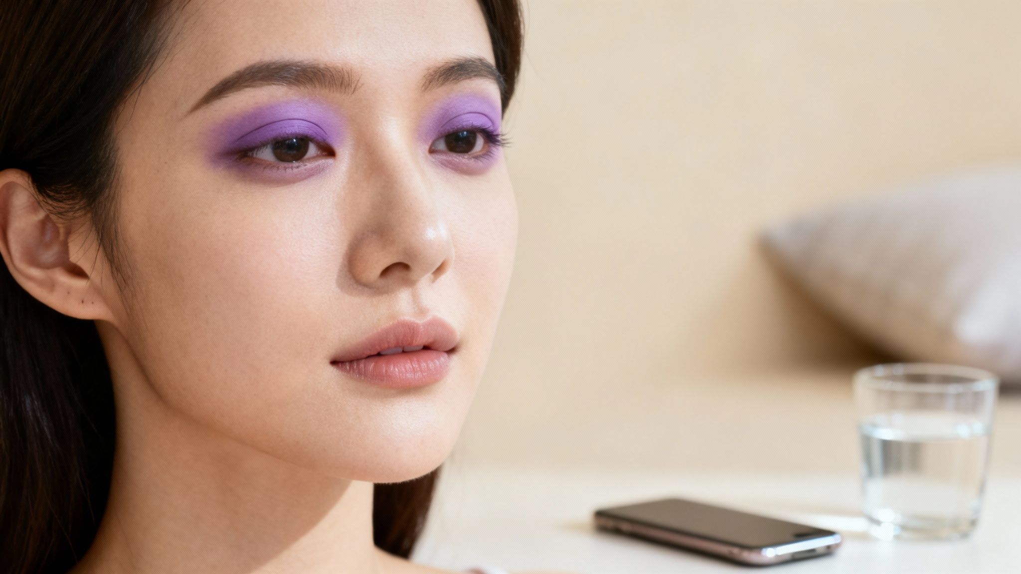 Młoda Azjatka z fioletowym cieniem do powiek i naturalnym makijażem ust.