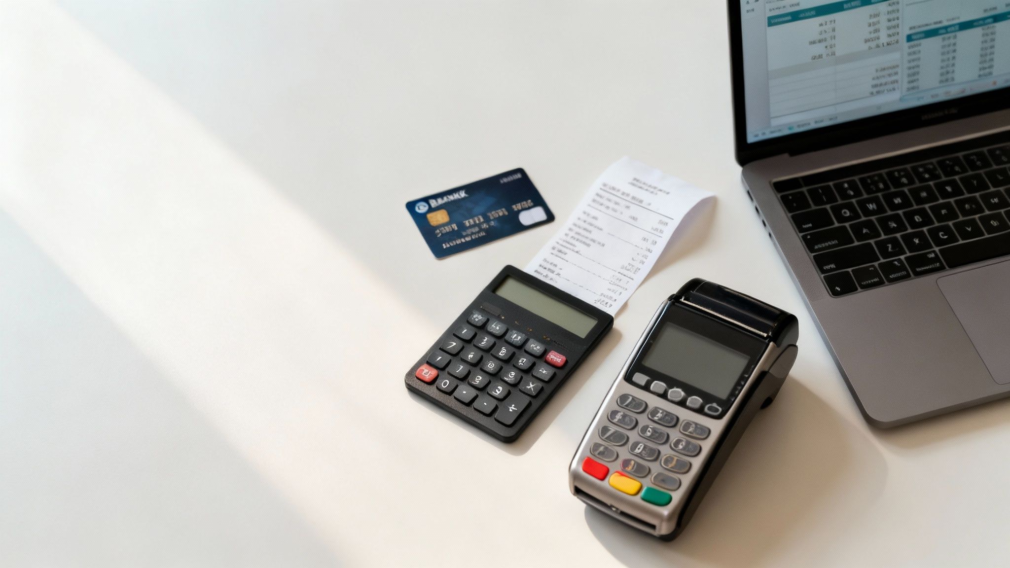 Przybory finansowe na biurku: laptop, karta kredytowa, kalkulator, paragon i terminal płatniczy, idealne do porównania kont firmowych.