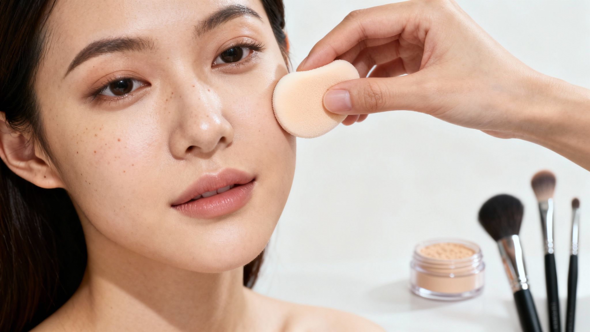 Zbliżenie na twarz kobiety z piegami, na którą aplikowany jest podkład makijażową gąbeczką.