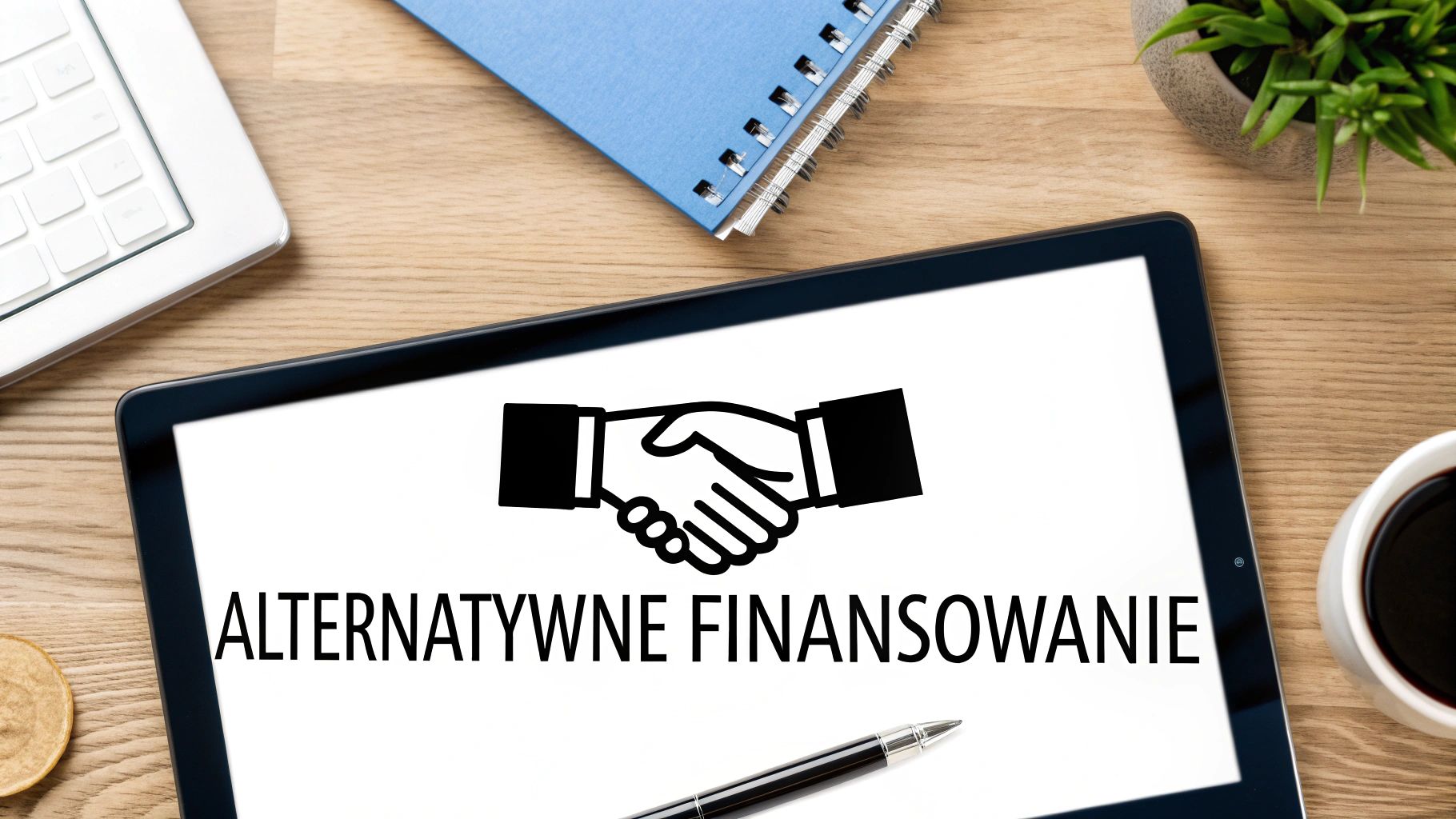 Kredyt dla nowej firmy bez tajemnic 3 - Scori Tablet z napisem Alternatywne Finansowanie i ikoną uścisku dłoni na drewnianym biurku z klawiaturą, notatnikiem i kawą.