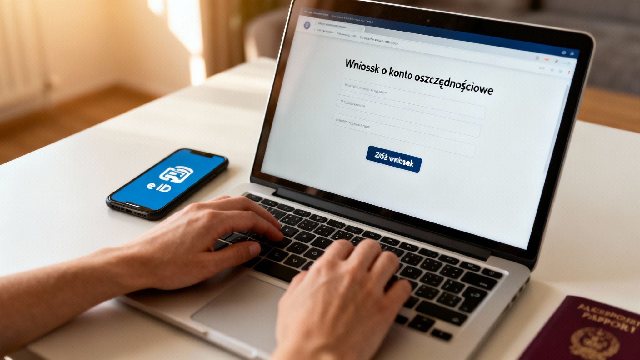 Osoba wypełnia na laptopie wniosek o konto oszczędnościowe, obok smartfon z aplikacją eID.