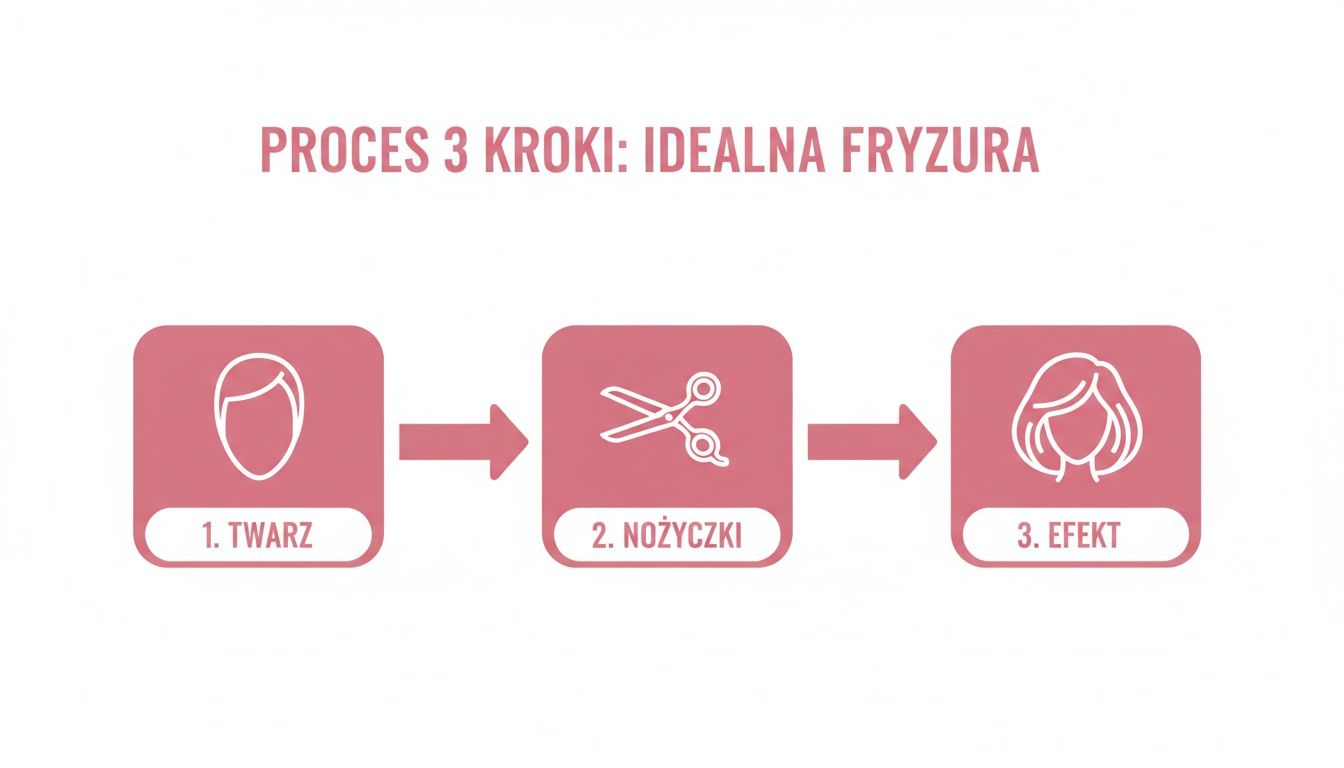 Diagram przedstawiający 3-etapowy proces doboru idealnej fryzury: kształt twarzy, cięcie nożyczkami i efekt końcowy.