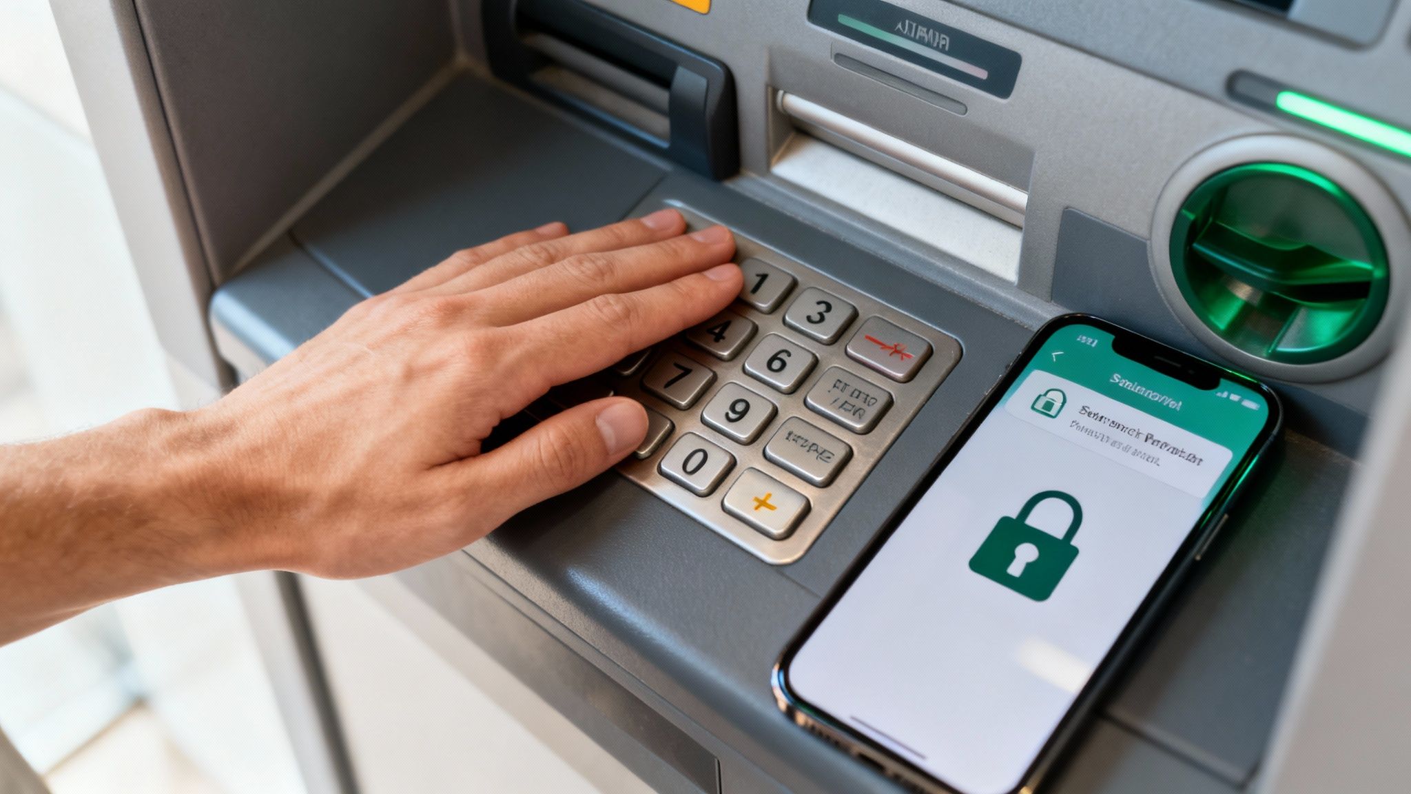 Ręka wpisująca PIN na klawiaturze bankomatu, obok smartfon z wyświetloną ikoną kłódki bezpieczeństwa.