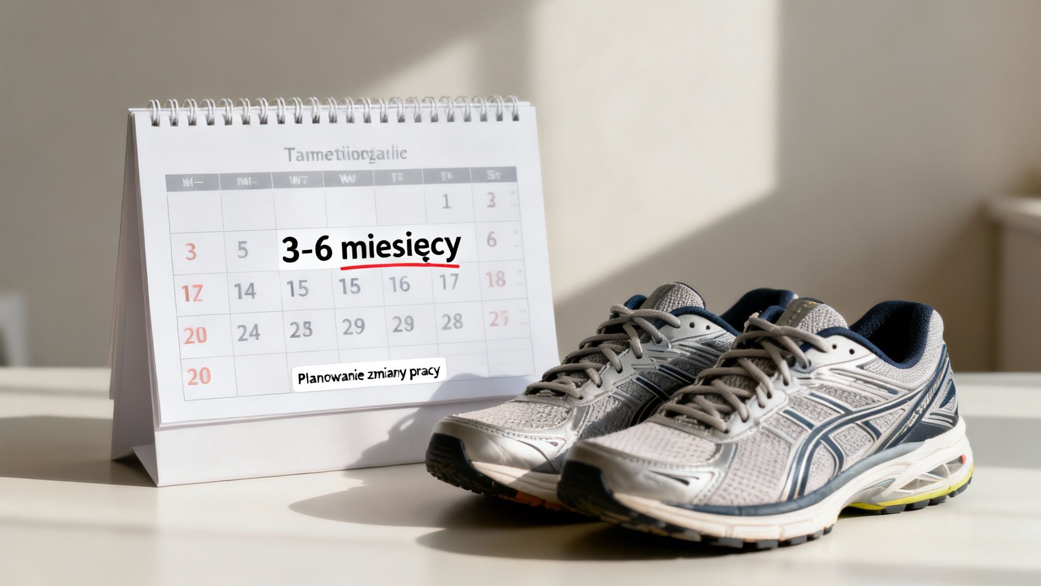 Kalendarz z napisem "3-6 miesięcy" i notatką "Planowanie zmiany pracy" obok butów sportowych.