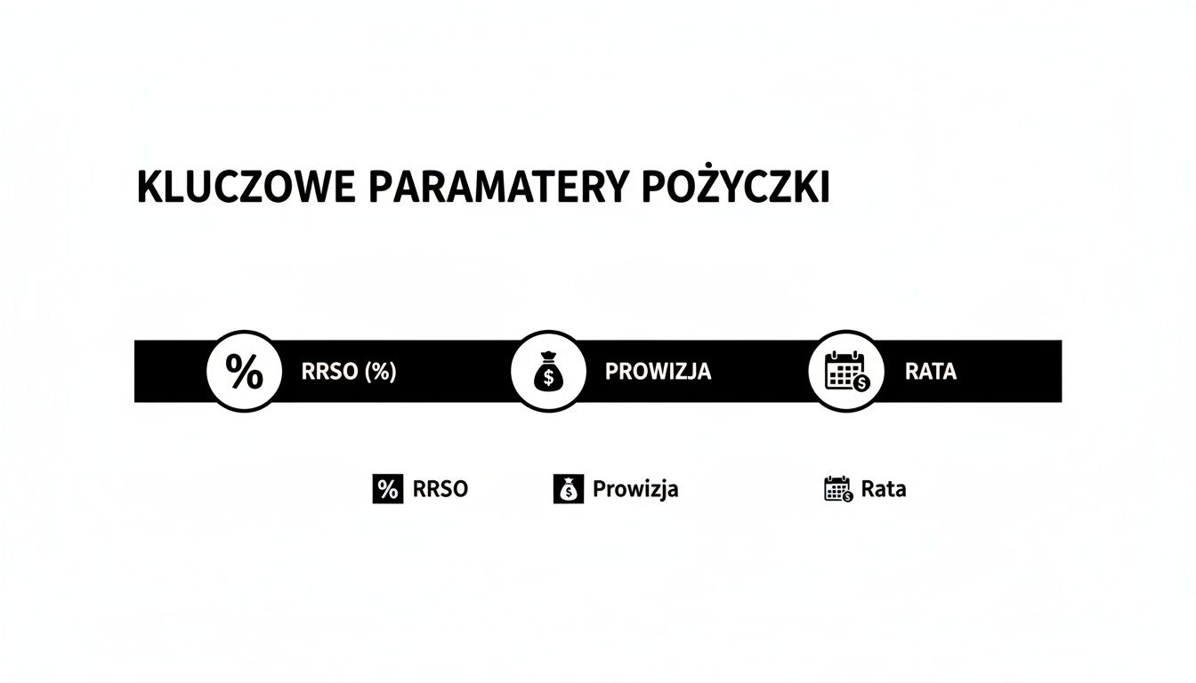Wizualizacja kluczowych parametrów pożyczki: RRSO (Rzeczywista Roczna Stopa Oprocentowania), prowizja i rata, przedstawiona z odpowiednimi ikonami.