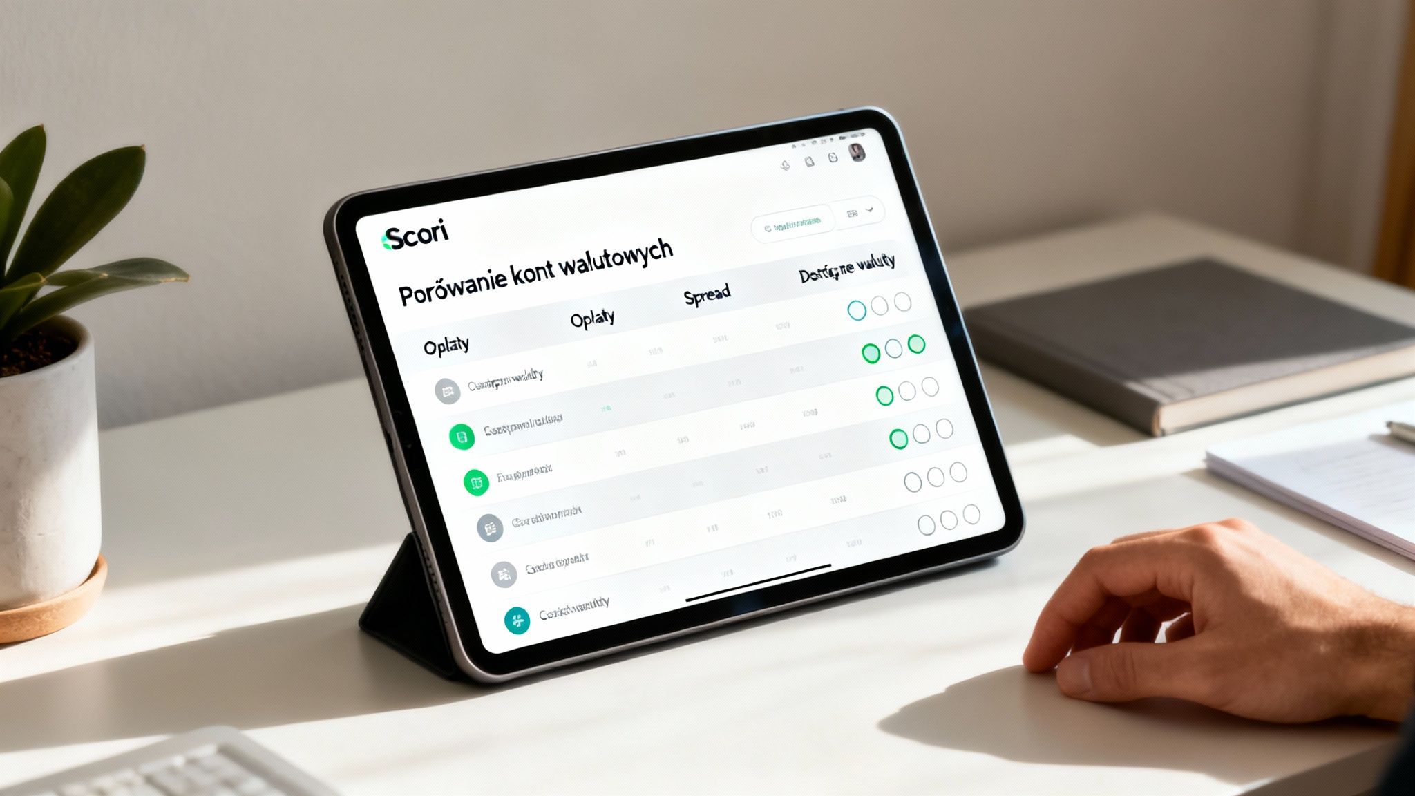Tablet z aplikacją Scori wyświetlającą porównanie kont walutowych, leżący na biurku obok ręki użytkownika.