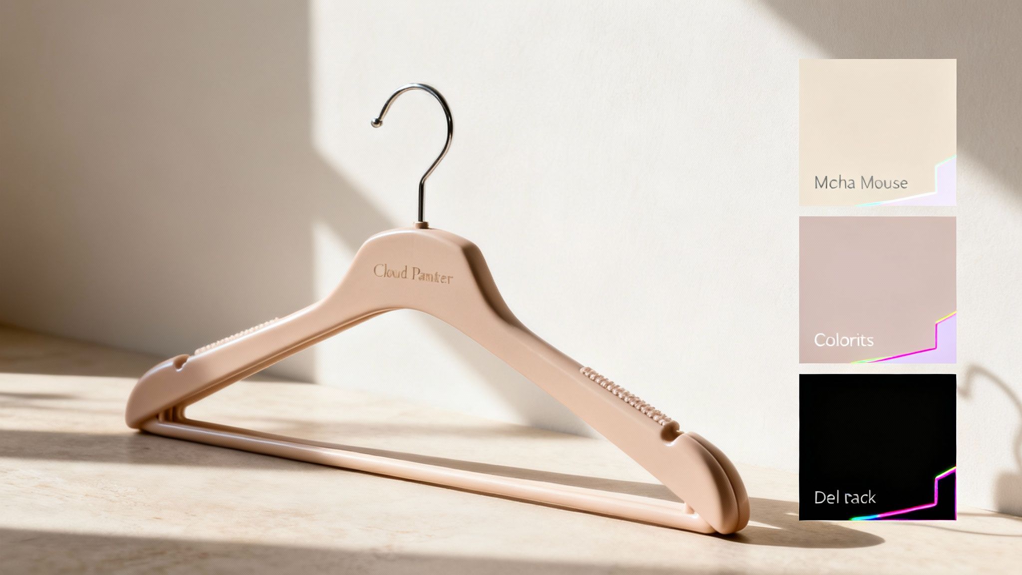 Elegancki pastelowy wieszak z logo Cloud Pamter, obok próbki kolorów beżowego, pudrowego różu i czerni.