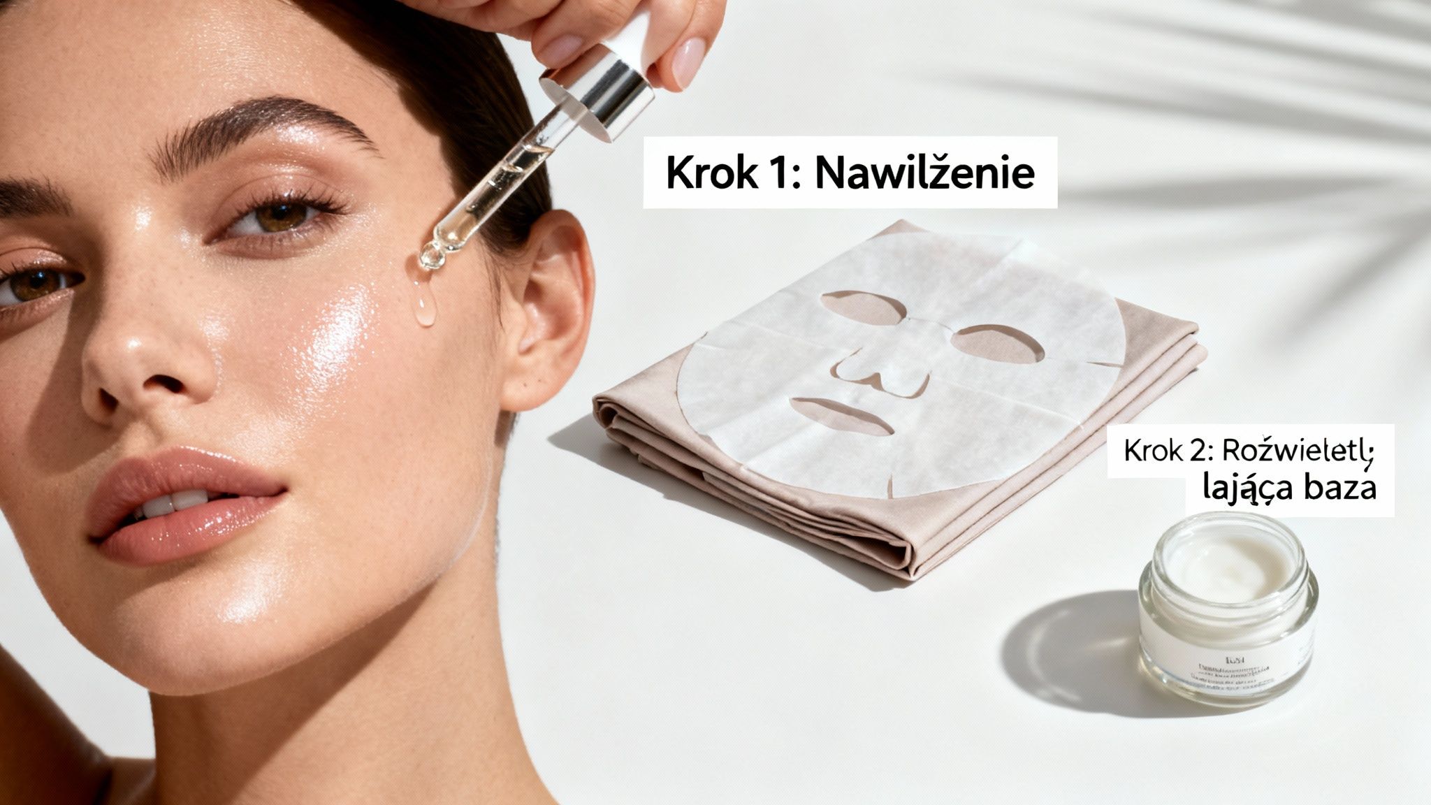 Młoda kobieta aplikuje serum na nawilżoną skórę, obok maseczka w płachcie i słoiczek z kremem, ilustrujące etapy pielęgnacji cery.
