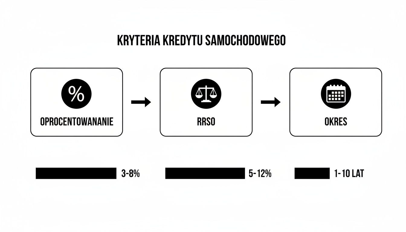Aktualny ranking kredytów samochodowych, który pomoże ci wybrać najlepszą ofertę 2 - Scori Diagram przedstawiający kryteria kredytu samochodowego: oprocentowanie (3-8%), RRSO (5-12%) i okres (1-10 lat).