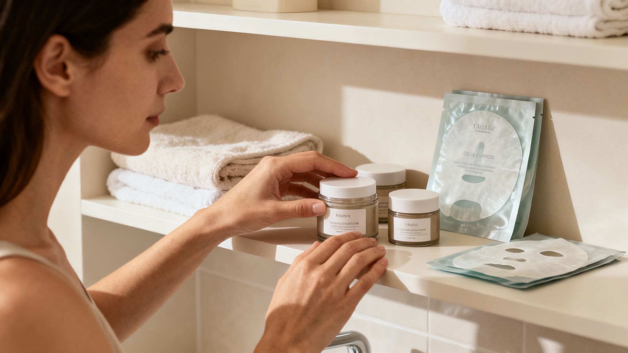 Kobieta sięga po słoiczek z kremem na półce w łazience, obok leżą maseczki do twarzy i ręczniki.