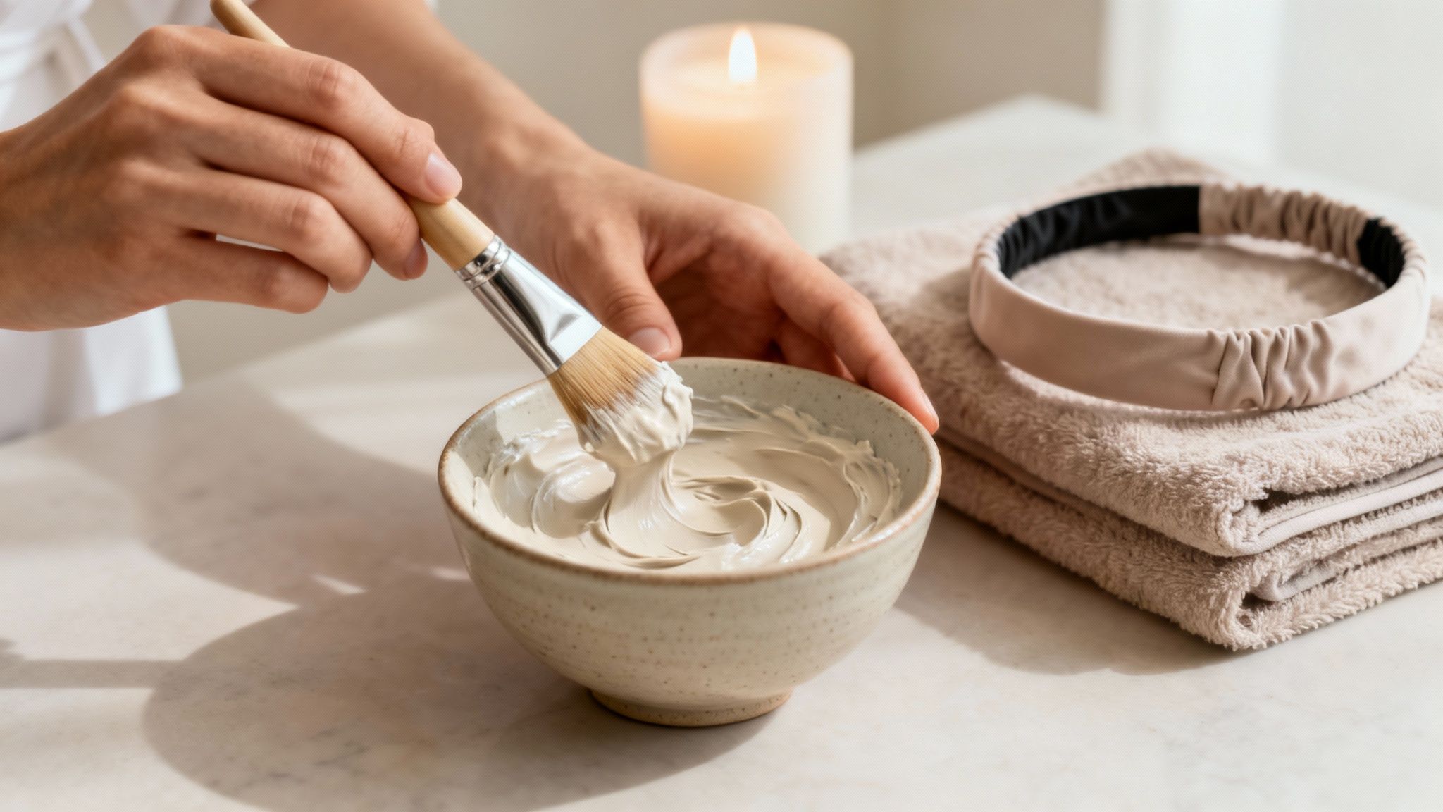 Kobieta macza pędzel w misce z glinianą maseczką do twarzy, w tle świeca i ręczniki.