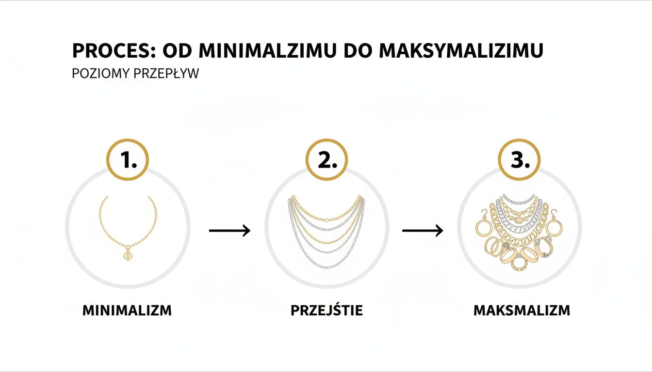 Grafika przedstawia proces ewolucji biżuterii: od minimalistycznego naszyjnika, przez warstwowe łańcuszki, do maksymalistycznego zestawu kolczyków i naszyjników.