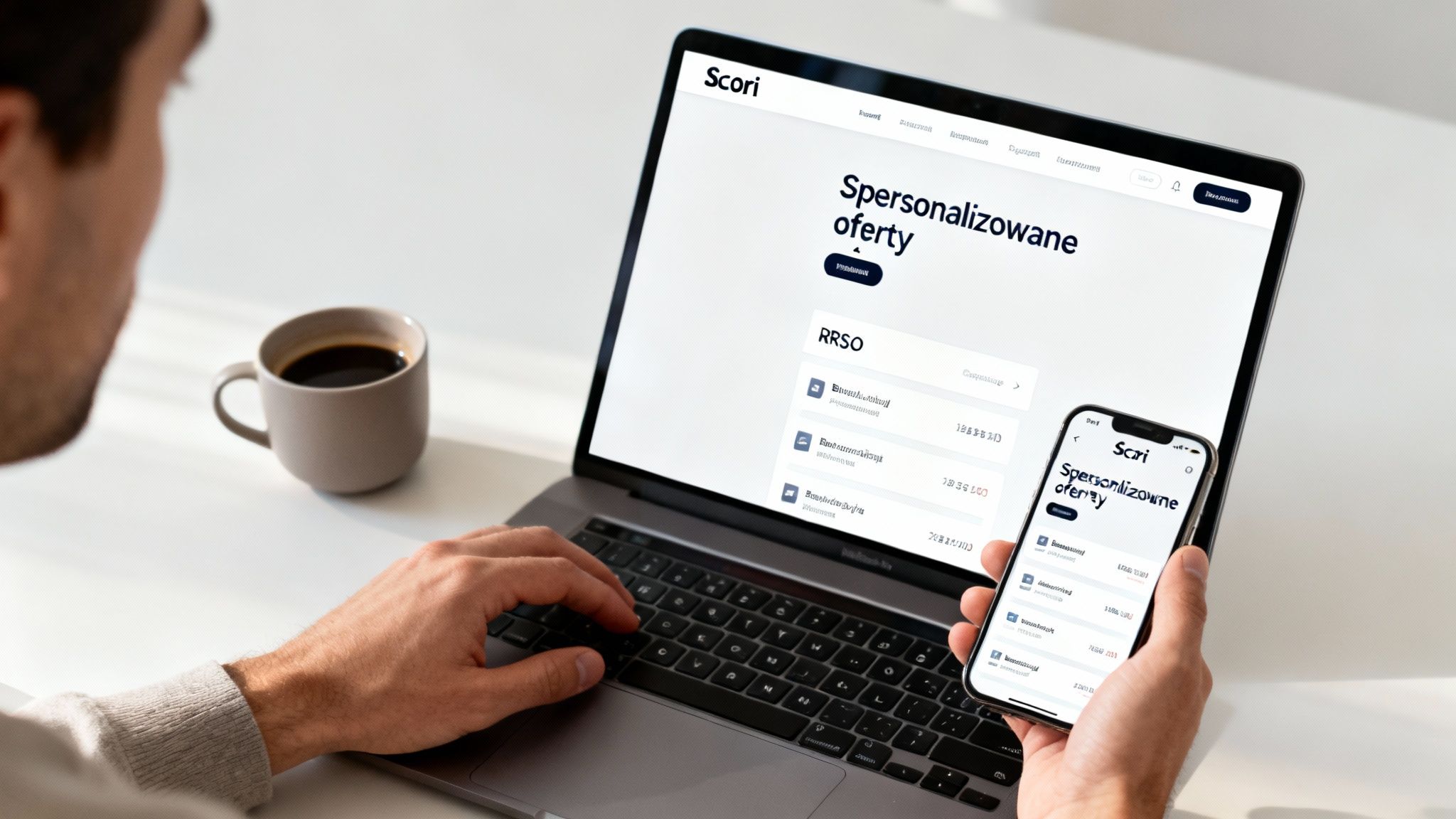 Mężczyzna przegląda spersonalizowane oferty finansowe na laptopie i smartfonie z kubkiem kawy.
