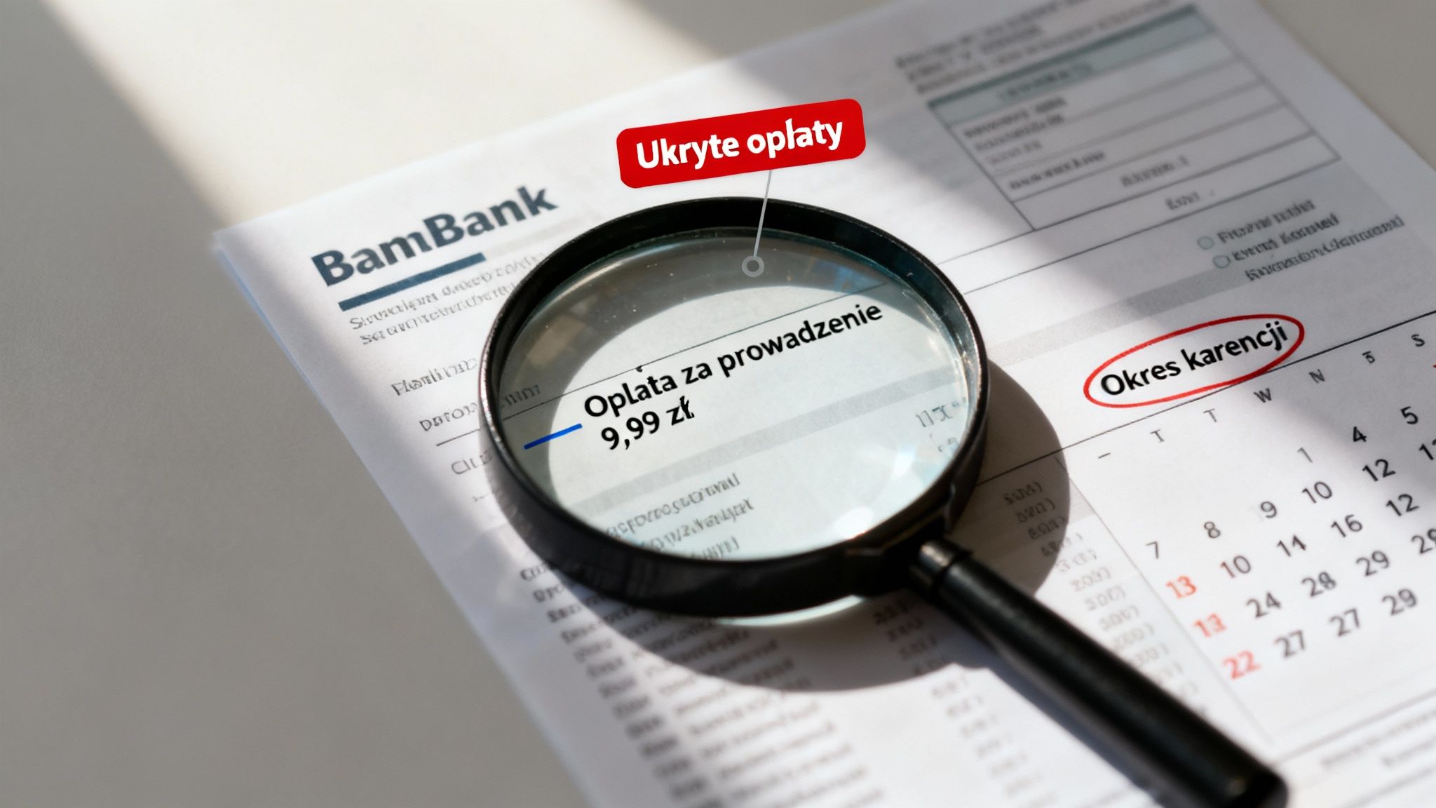 Lupa powiększa opłatę za prowadzenie konta na dokumencie bankowym, z napisem Ukryte opłaty.