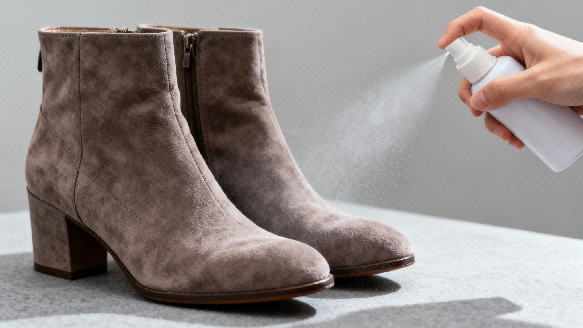 Ręka spryskuje brązowe zamszowe botki ochronnym preparatem. Pielęgnacja obuwia zamszowego.