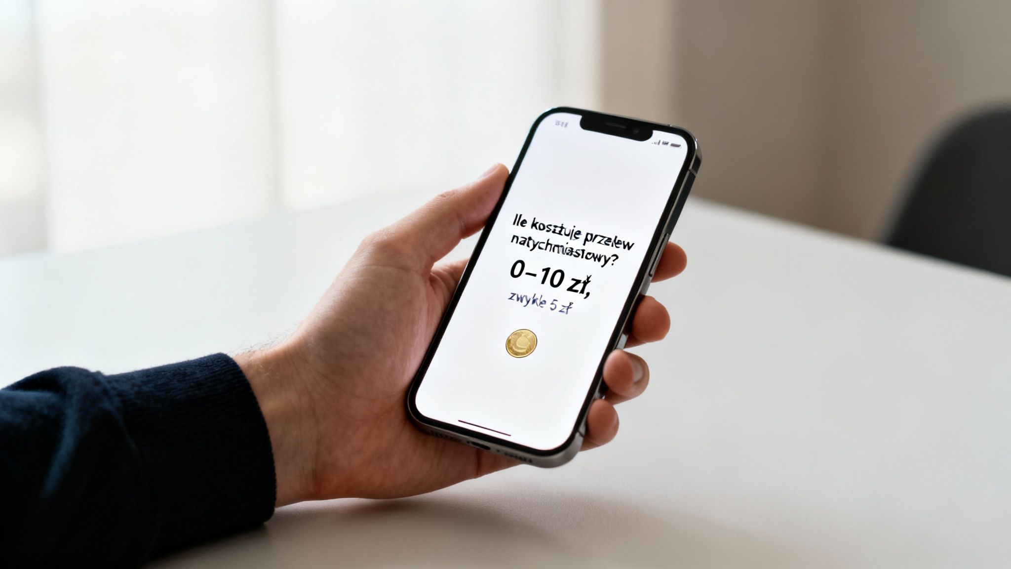Ręka trzyma smartfon z informacją o kosztach przelewu natychmiastowego: 0-10 zł, zazwyczaj 5 zł.